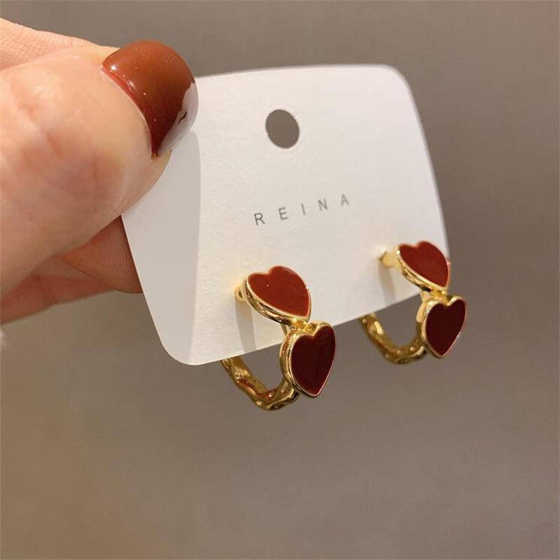 Korean Retro Wine Red Heart Sterling Silver Stud Earrings