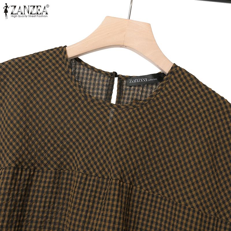 ZANZEA Women Short Sleeve Blouse and Shorts Casual Plaid Print Two Piece Sets