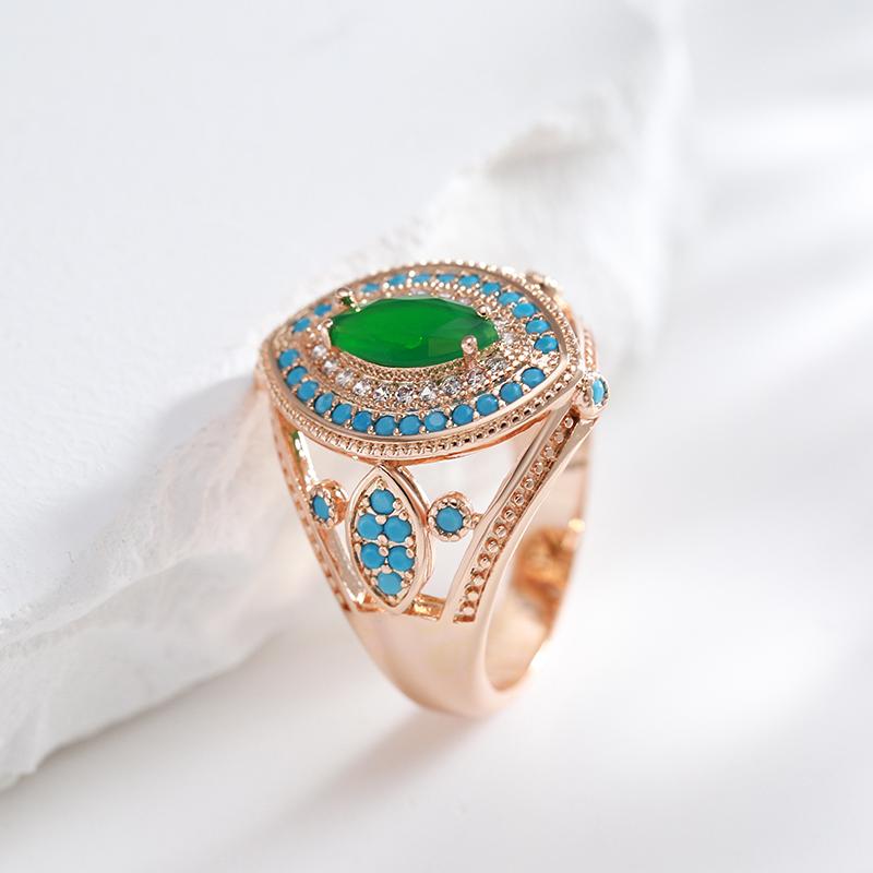 Rose Gold Color Rhombus Big Ring For Women Fashion Green With Blue Natural Zircon Wedding Daily Vintage Jewelry