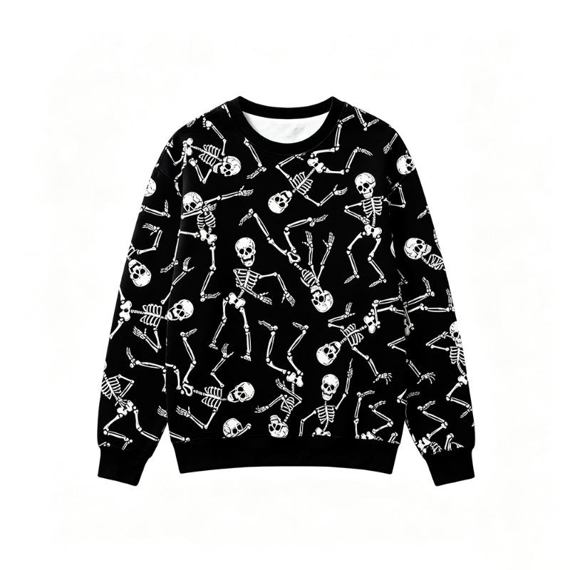 Gothic Style Skeleton Rose Print Sweatshirt Men's Retro Casual Crew Neck Pullover Clothes Harajuku Hip‑hop Street Fashion Tops