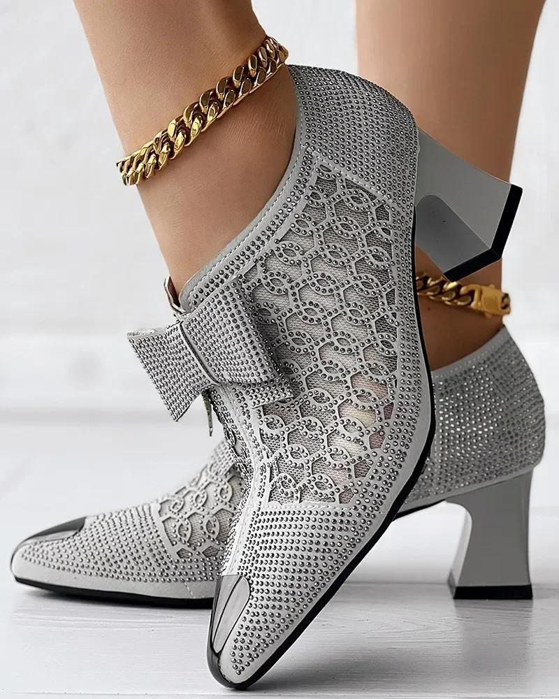 Fashion Heels Women's Hollow Mesh Shoes Summer Fashion Rhinestone Square Heel Pointed Toe Size 43 Zipper Bow Sandals Women Sandalis