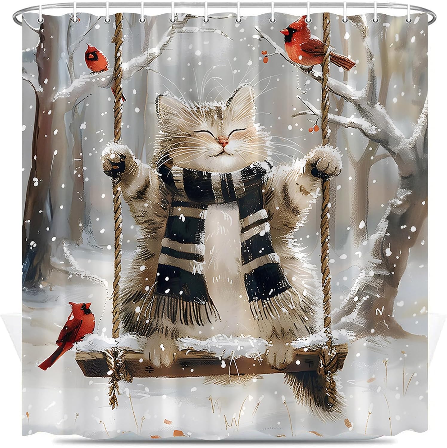 

Merry Christmas Shower Curtain Cute Cat Red Bird Winter Snowflake Forest Snowy Xmas Holiday Polyester Fabric Bathroom Decor 90x180cm