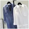 Spring Women's Clothing Shirt Medium Long Containing Cotton Shirt Loose Fit Long Sleeve Double Pocket Rolled Sleeve Thin Blouse