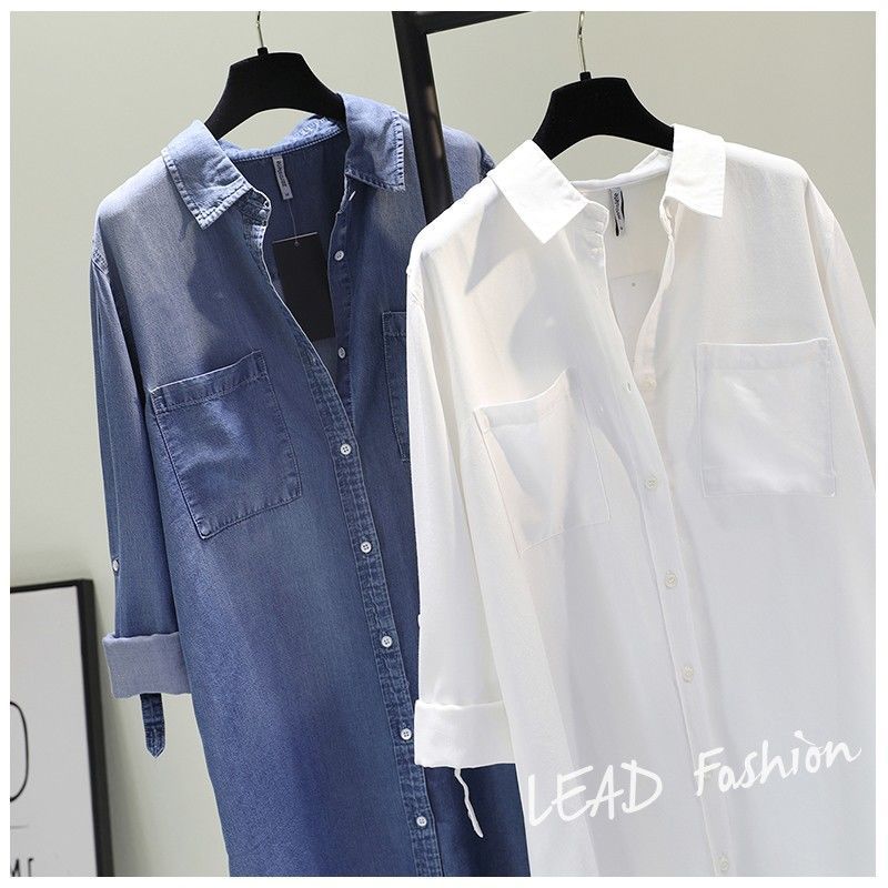 Spring Women's Clothing Shirt Medium Long Containing Cotton Shirt Loose Fit Long Sleeve Double Pocket Rolled Sleeve Thin Blouse