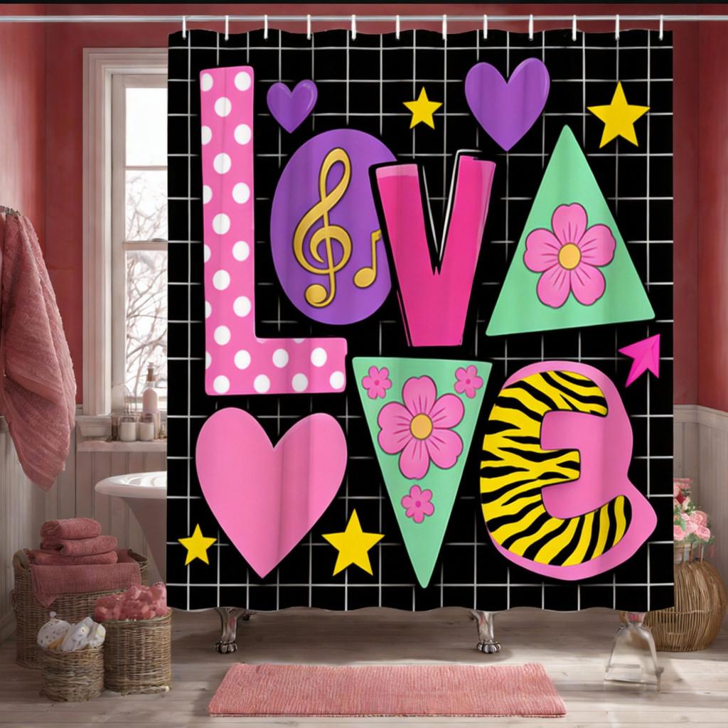 Love Graffiti Shower Curtain Mixed Patterns with Hearts and Leopard, Fun Feminine Bath Curtain for Teen Girls and Romantic Decor
