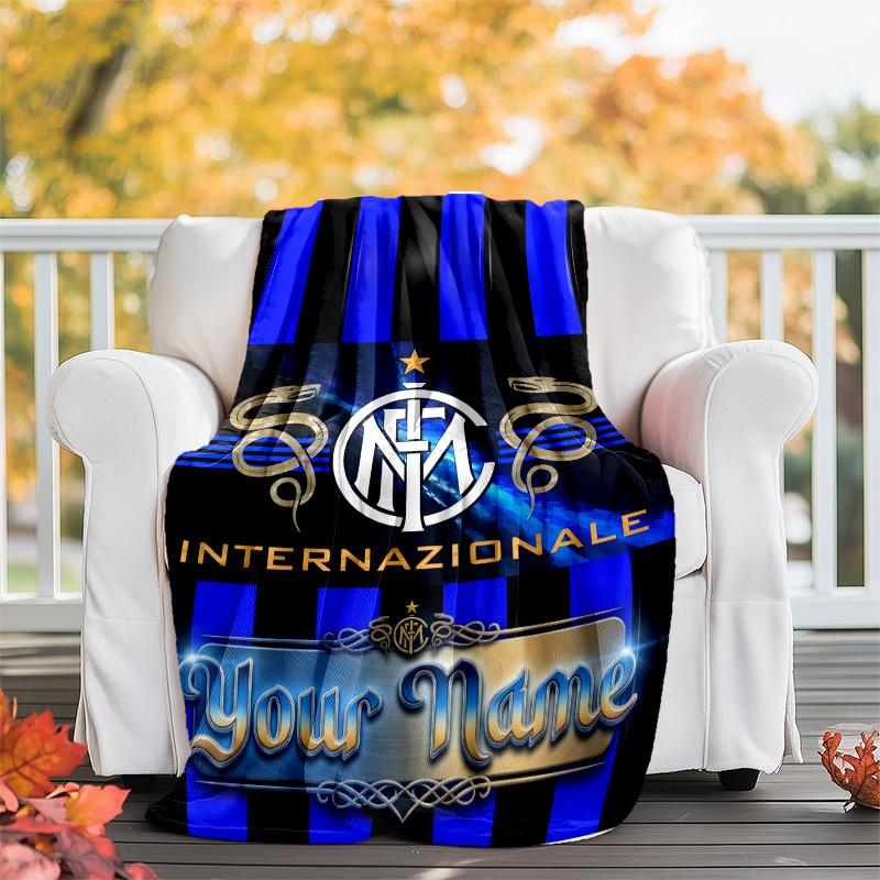 1pc Personalized Name Internazionale Milano Theme Blanket - Digital Print, Polyester, Cozy for All Seasons, Perfect for Outdoor, and Travel