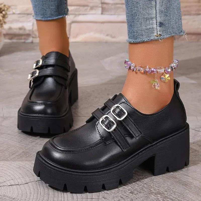 Pluss Størrelse Mote Loafers Dames Høye Hæler Rund Tå Tykke Hæler Plattform Spennestropp Pumps For Klassikere Daglig Kontor