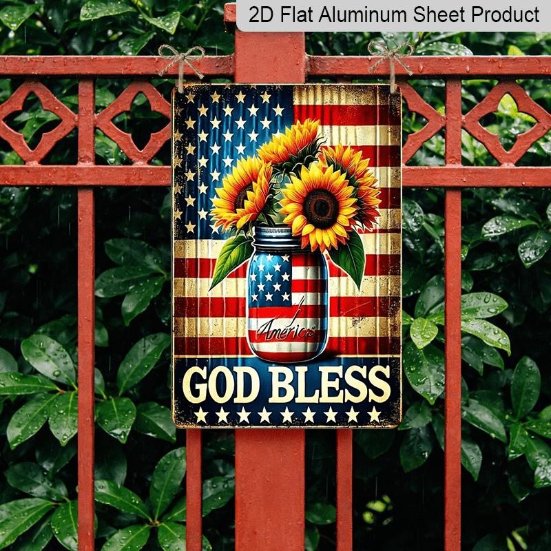 2D Flat 1pc Vintage American Flag & Sunflowers Metal Wall Decor - Rustic Farmhouse Decoration with GOD BLESS Mason Jar - Distressed Vintage Look