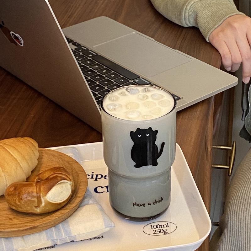 Niche Homemade Black Cat Tempered Glass Cup, Han Nai High Temperature Water Cup Gift, Can Be Stacked Cold Drink Cup