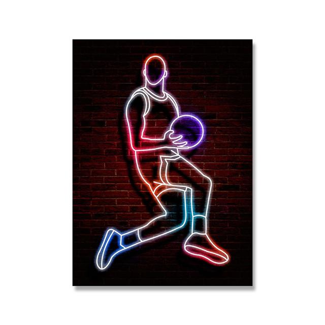 Neon Light Art Canvas Painting Abstract Fancy Basketball Sport Posture Poster Street Wall Art for Kids Boys Room Home Decoration