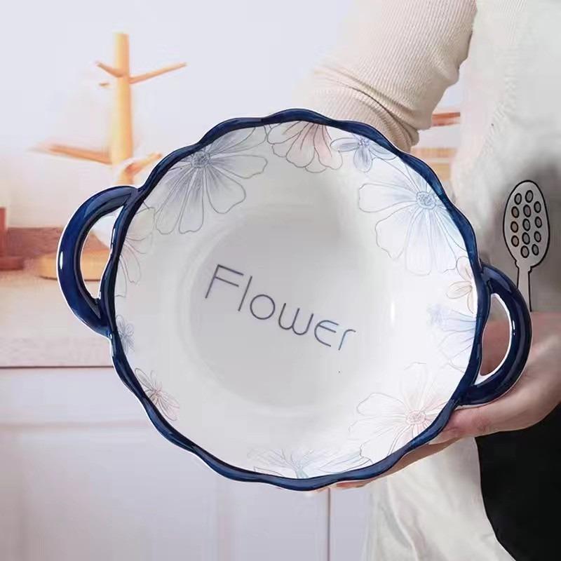 Ceramic Household 10 Inch High Aesthetic Double Ear Soup Bowl Anti Scald Relief Soup Bowl Underglaze Color Process