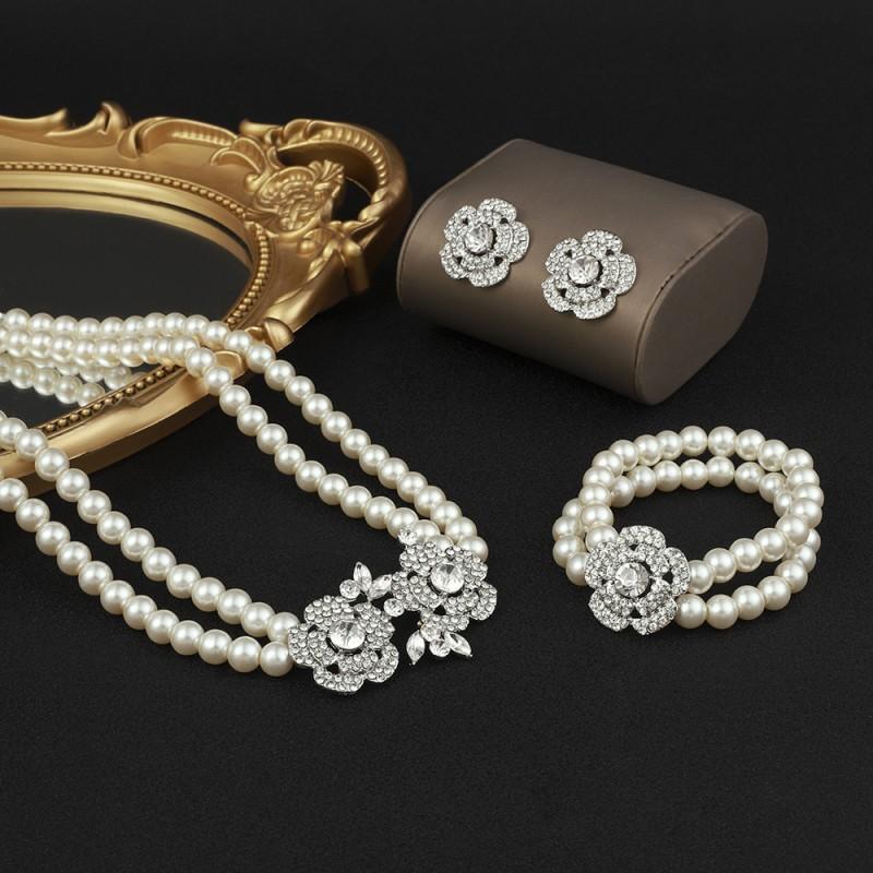 Elegant Pearl Rhinestone Earring Bracelet Necklace Set Evening Gown Wedding Formal Occasion Fashion Jewelry