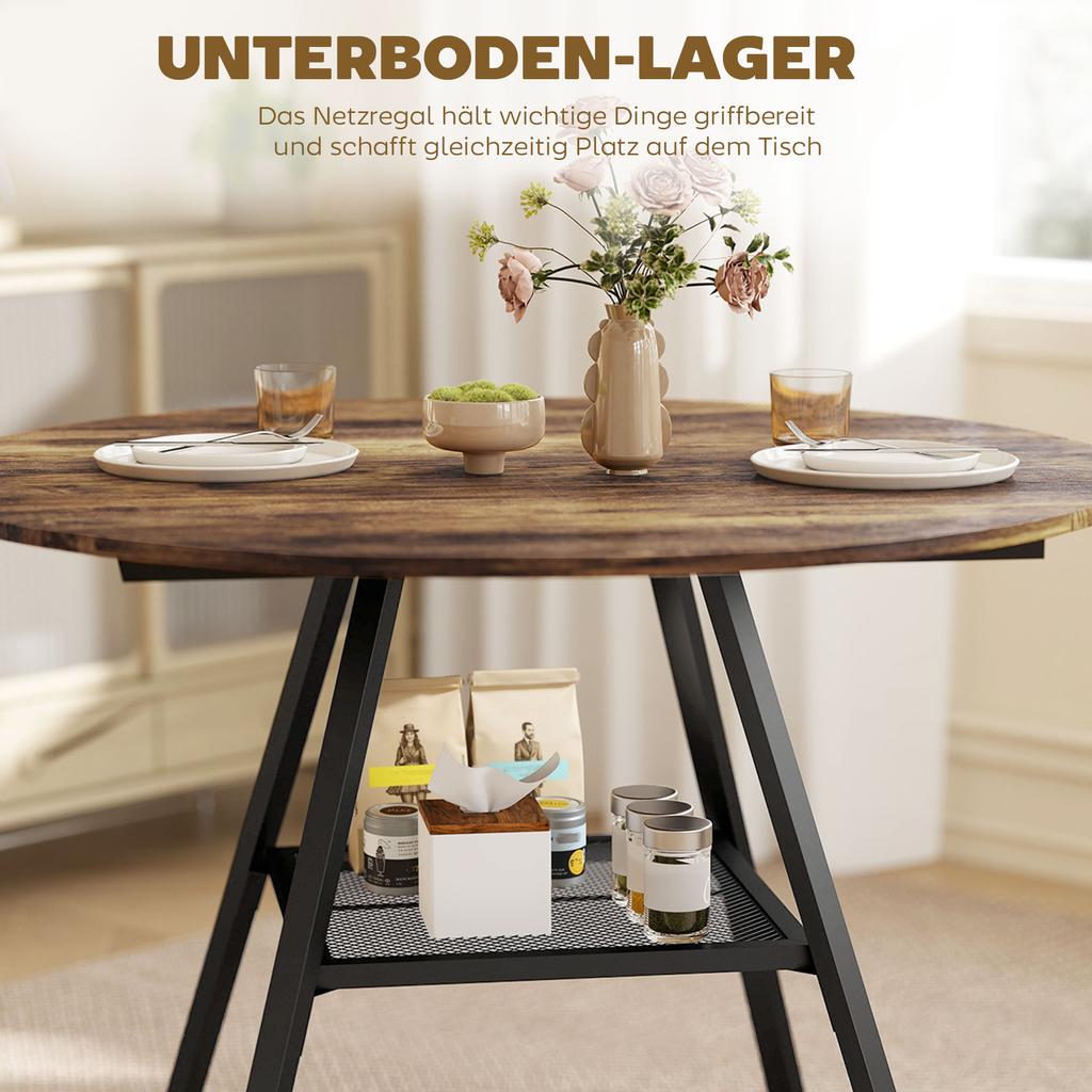 Dining Table for 4 People, 100 Cm Round Industrial Kitchen Table with Storage Shelf, Rustic Brown