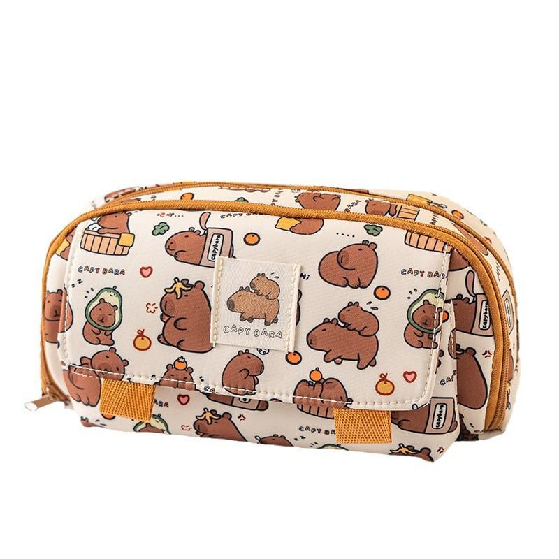 SCIONE Capibala Pencil Case Student Double Zipper Printing Stationery Bag High Value Multi-functional Large-capacity Pencil Case