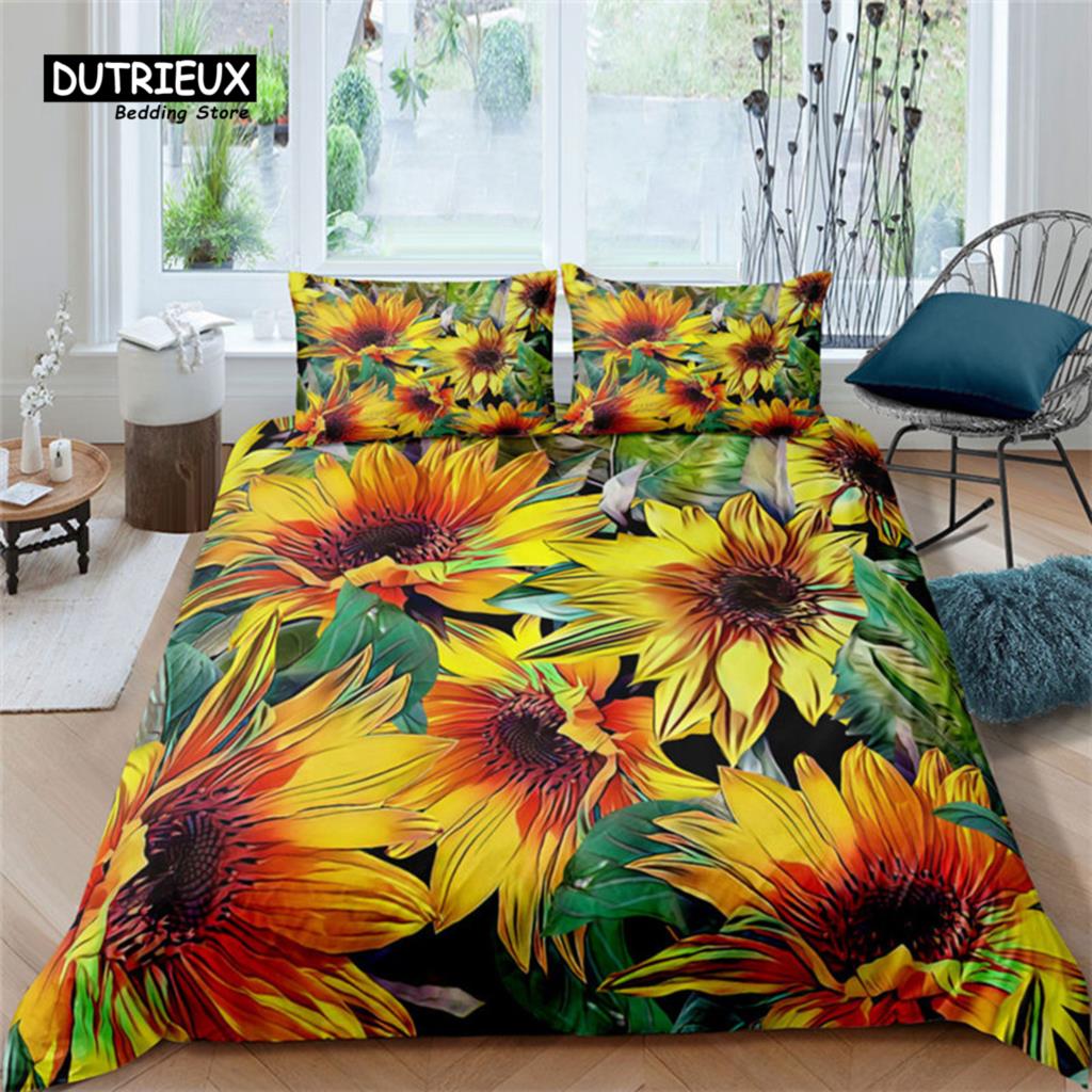 Sunflower Bedding Set Modern Microfiber Yellow Flowers Print Duvet Cover Alluring Sunflowers Summer Inspired Design Quilt Cover