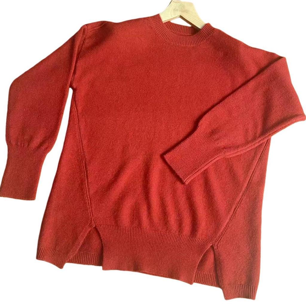 Women's Plus Size Round Neck Knit Sweater - Autumn/Winter 2026 Collection, Solid Color, Loose Fit, Side Split Pullover