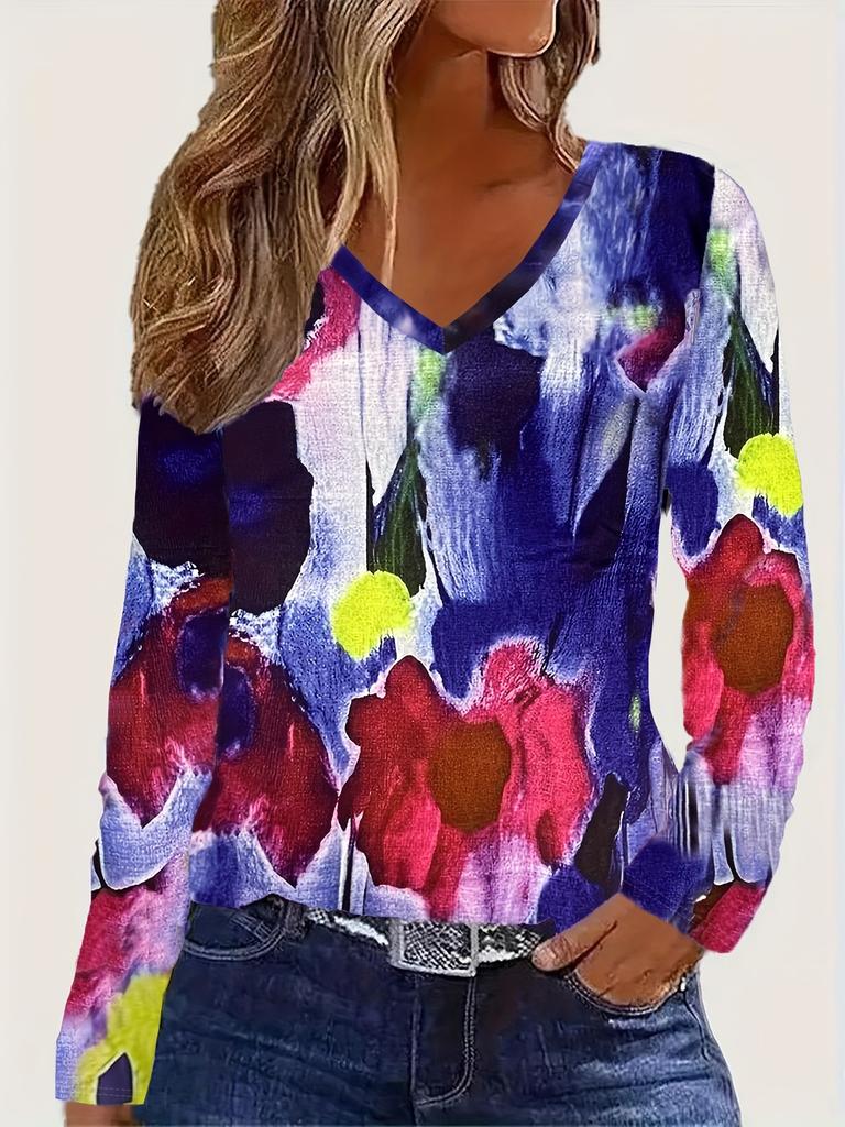 Women's Elegant V-Neck Marble Print Long Sleeve T-Shirt Soft Polyester Great for Autumn and Winter Casual Wear Floral Print Tops