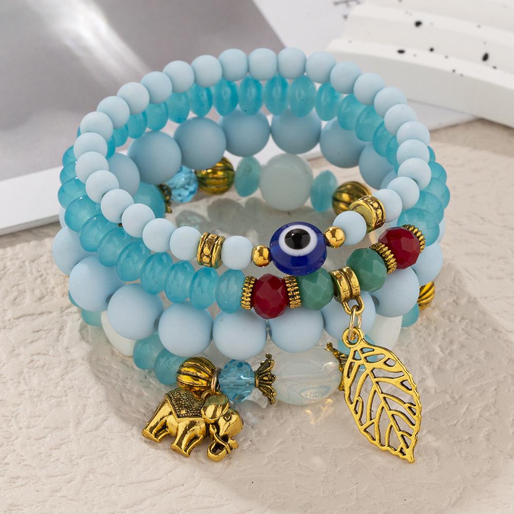 Bohemian Beaded Bracelet Set with Tree Leaf & Elephant Pendants