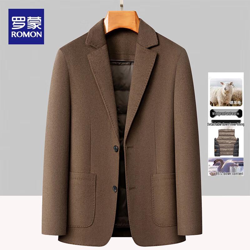 

ROMON Men s Detachable Goose Down Lined Wool Blend Suit Collar Short Coat 2XL