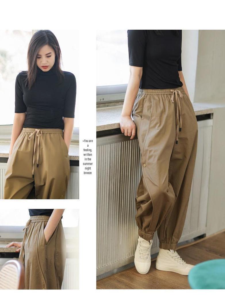 Women's Korean Style Cargo Harem Pants: Loose Fit, Elastic Waist, Plus Size, Ankle Banded, for Summer & Autumn.