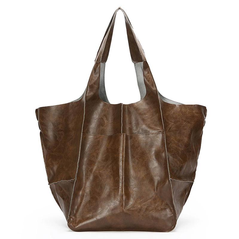 Retro Super Big Shoulder Bag Female Solid Color Hand Bags For Women Soft Leather Casual Shopper Underarm Tote Bag