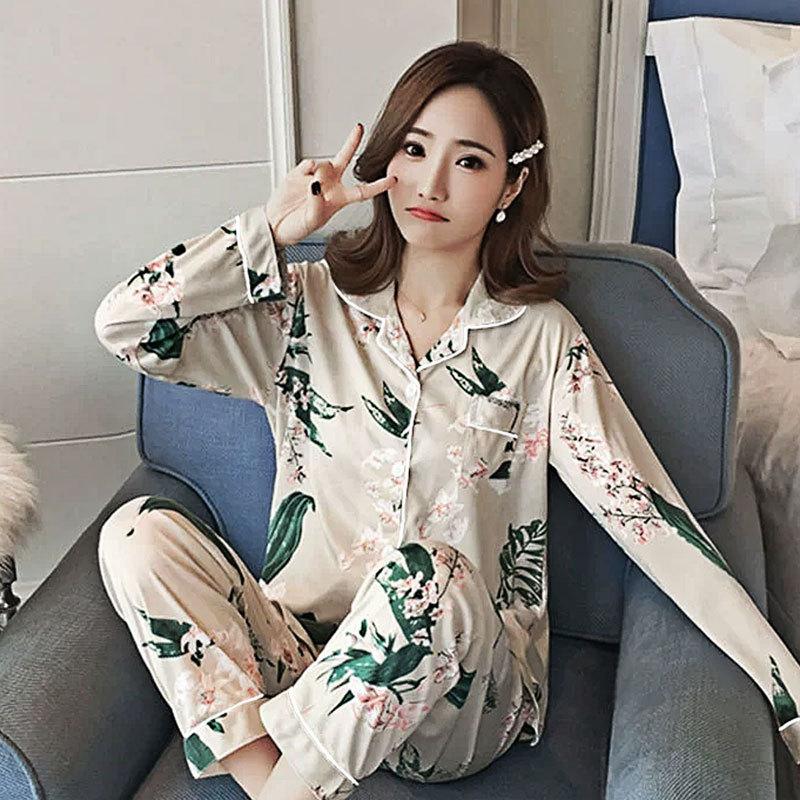 Spring And Autumn Pajamas Women'S Cardigan Long-Sleeved Trousers Korean Girls' Simple Cartoon Loungewear Suit Can Be Worn Outside
