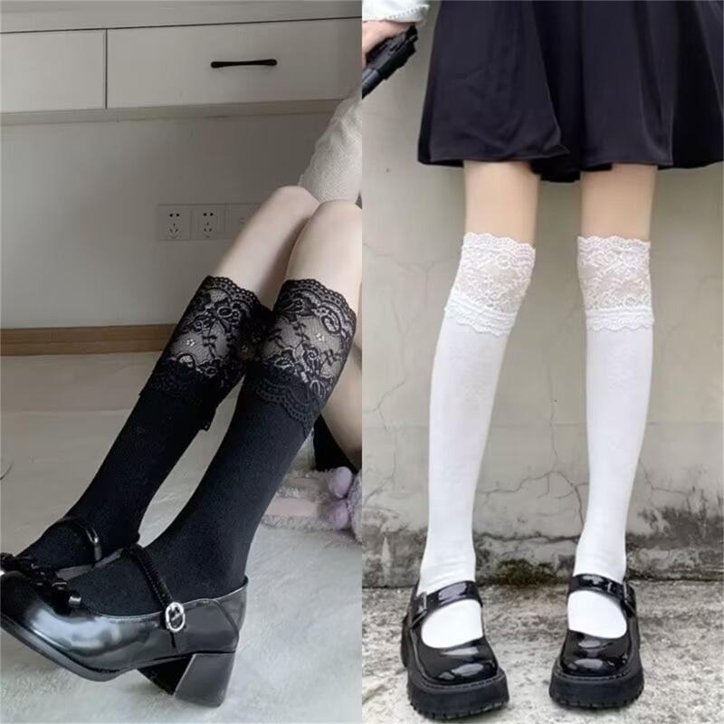Women Lace Patchwork Knee High Socks Frilly Thigh High Stockings Cotton Leg Warmers Lolitas Long Boot Socks Calf Socks