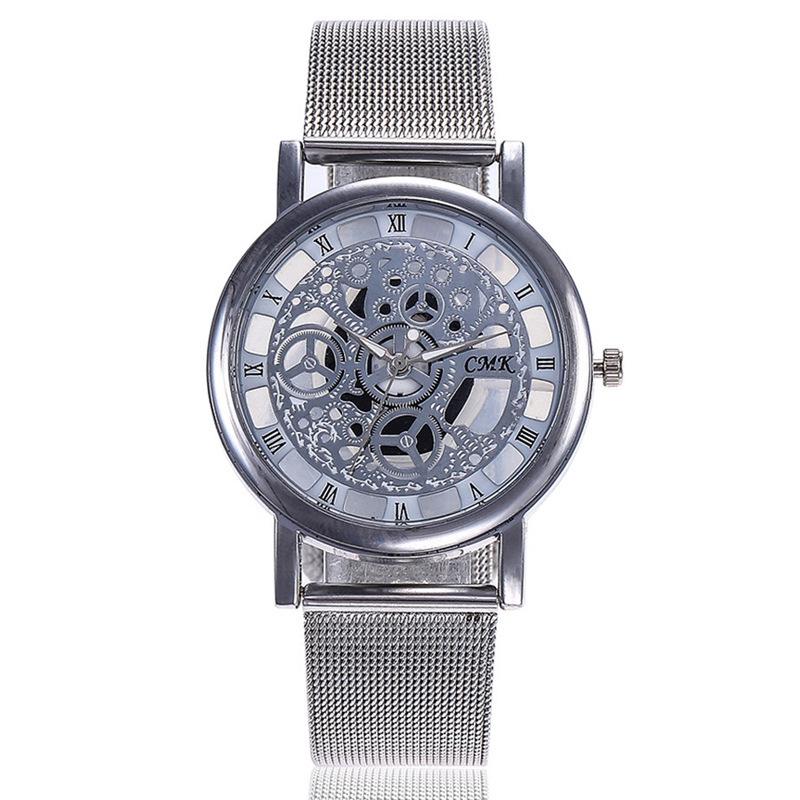 Wish Hollow Alloy Mesh Band Quartz Couple Watch - Imitation Mechanical Design