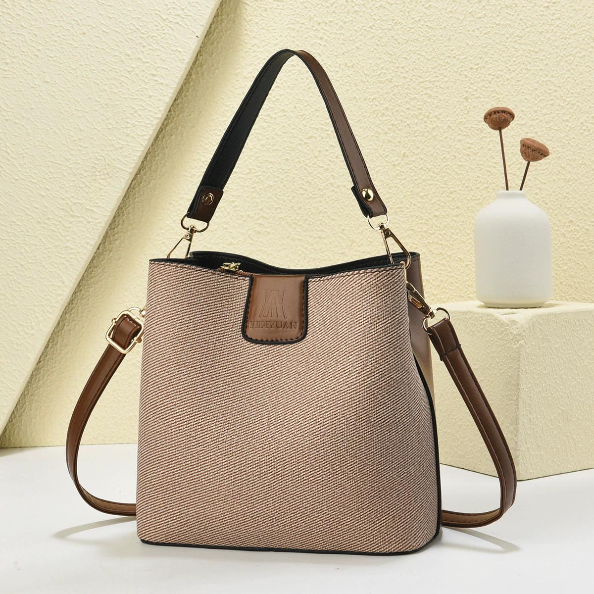 

Women s Linen & PU Leather Bucket Bag, Large Capacity Crossbody Shoulder Bag with Adjustable Strap, Organized Compartment Daily Tote Handbag хакі
