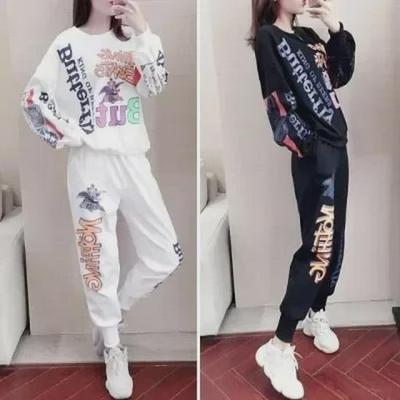 Trendi Harajuku Hip-Hop Büyük Beden Kadın İki Parça Set: Baskılı Bol Uzun Kollu Sweatshirt & Pantolon