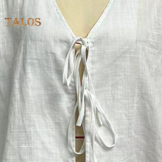 Damen-Shirt mit V-Ausschnitt, langen Ärmeln, lockere Passform, einfarbig, Sommer-Shirt mit Schnürung und Schleife, Strickjacke, Oberteil mit Bindeverschluss