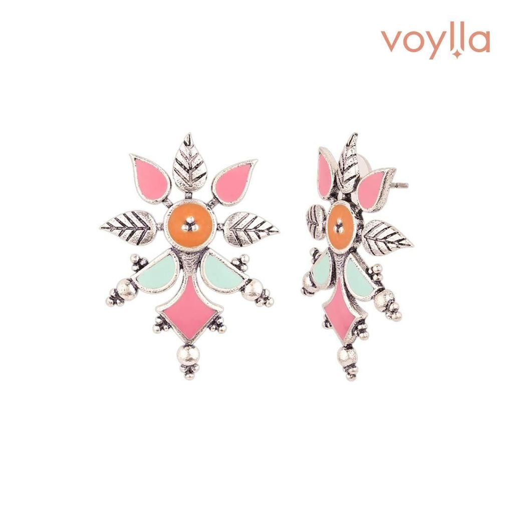 Brass Oxidised Dreamy Enamel Floral Shape Blue Earrings for Women and Girls