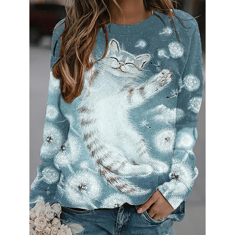 Dandelion Sweatshirt Cute Cat Flower 3D Printed Women's Casual Fashion Hooded Sweatshirt Long Sleeved Women's Pullover Top Women's Clothing