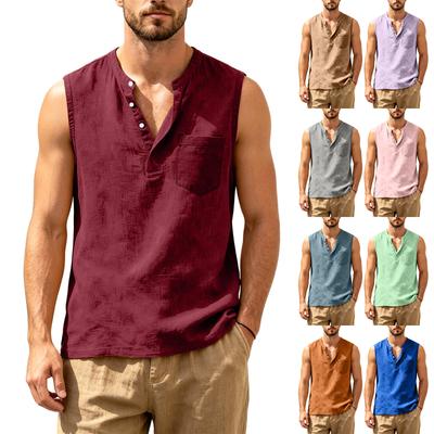 Men Sleeveless Henley Shirt Casual Loose Fit Beach Vest with Pocket Summer Lightweight Linen Blend Tank Top