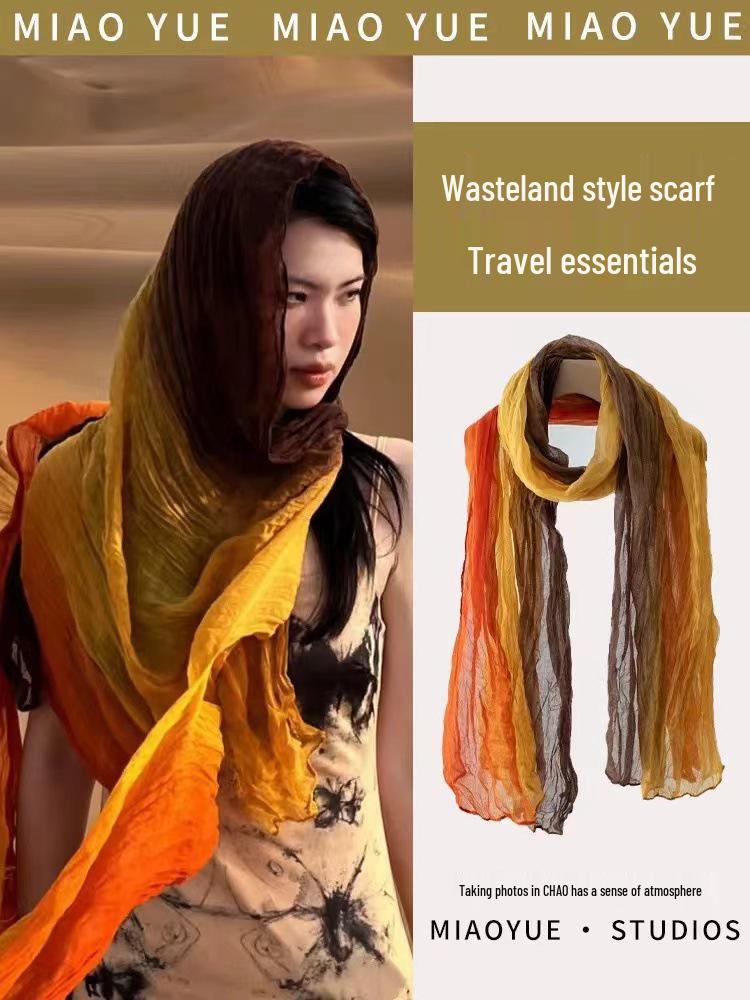 Crinkled Cotton Linen Silk Scarf: Colorblock, Warm, Fashionable for Spring & Autumn, Versatile High-End Neck Warmer