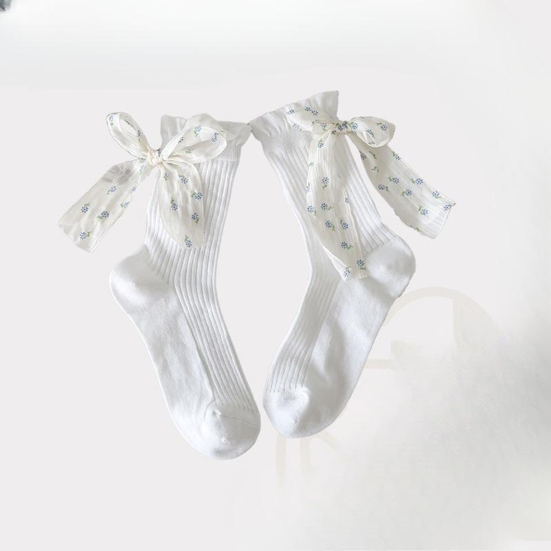 Floral Bow Mid-calf Socks for Women Spring and Summer, Thin Mesh Drawstring Women's Lace Pile Socks