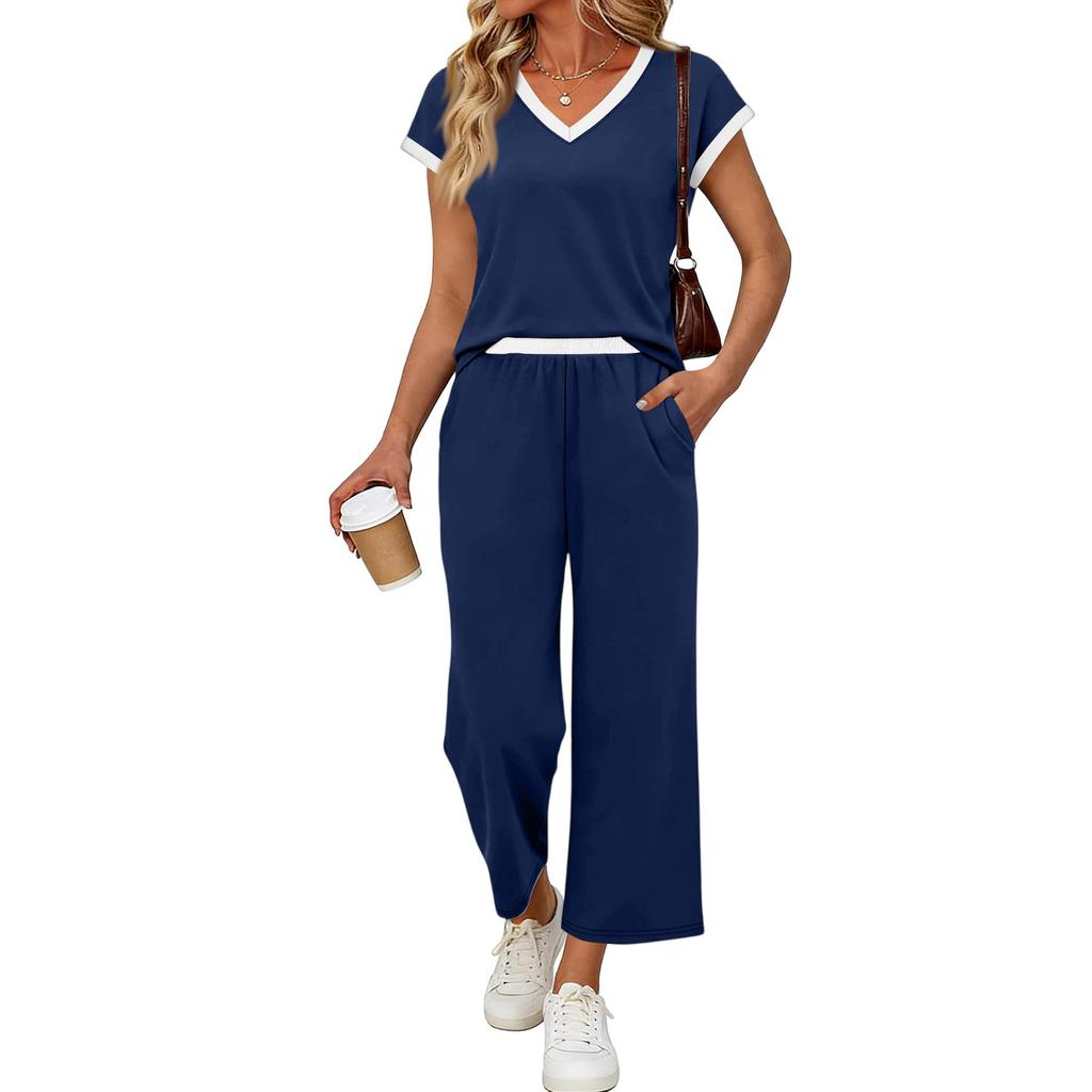 Women Two Piece Set Casual Outfits V Neck Short Sleeve Top Elastic Waist Pants Lounge Wear Set for Travel Relaxed Fit