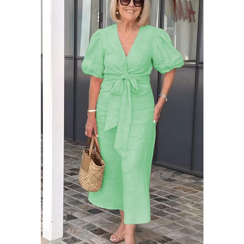 VEZFAA Women's Fashion Summer Spring Solid Color Print Short Sleeve V-Neck High Waist Casual Dresses