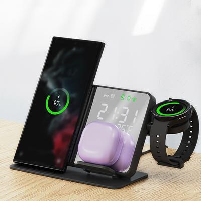 Multifunkční bezdrátová nabíječka s budíkem 15W rychlé nabíjení Bezdrátová nabíječka 3 v 1 pro sluchátka a telefony Samsung Watch