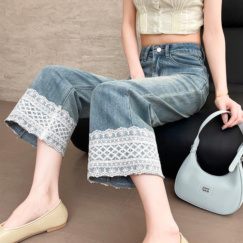 Women's Lace Patchwork High-Waist Wide-Leg Denim Pants - Spring/Autumn Cropped Style