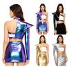 S-XXL Top Cropped Feminino Metálico Brilhante de Um Ombro Manga Longa Ombreira Estruturada Fivelas Ajustáveis Assimétrico Clubwear para Festa Noturna
