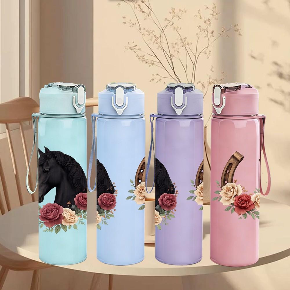 1PC Rose Horseshoe Wreath Pattern 750ml Color Plastic Sports Water Bottle Leakproof Flip Straw Lid Suitable for Sports Office Home Use