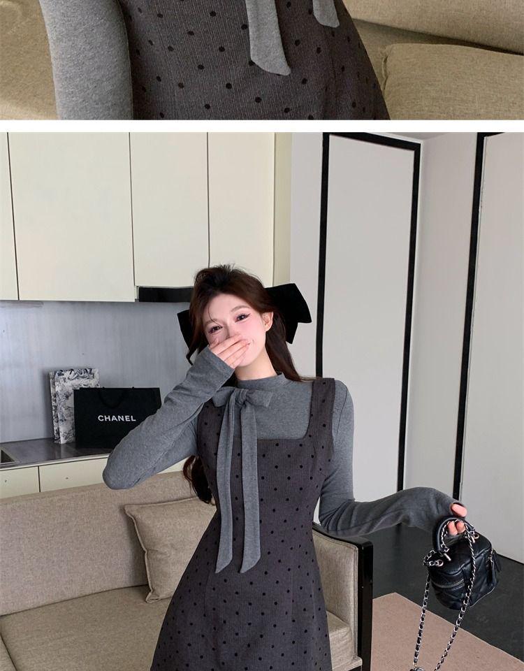 Korean Faux Two-Piece Grey Bow Polka Dot Dress, Waist-Cinched A-Line Skirt for Autumn