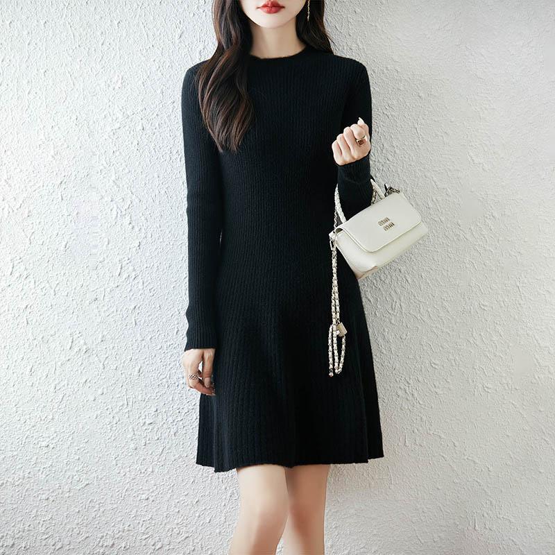 Women Sweater Dress 100% Wool TIDENOVEL O-neck Knit Long Pullover Winter Jumpers Wool Long Dress Female
