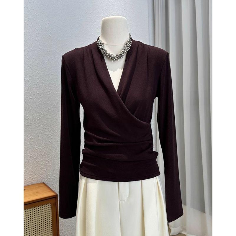 Popular V-neck Inner Bottoming Shirt for Women in Spring Autumn Cross-cut Waist Long-sleeved T-shirt Elegant Top