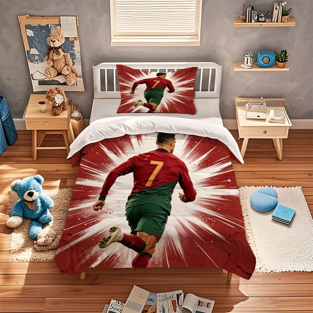 Portugal #7 Soccer Duvet Cover Set Dynamic Sprint Digital Print Bedding Set Sporty Comic Style for Teen Bedroom