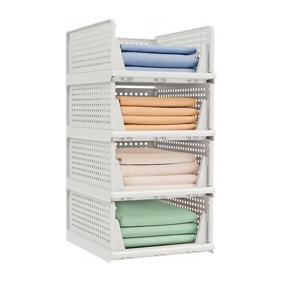 SONGMICS Storage Box, Stacking, Closet Storage Rack, Foldable Closet Storage, Clothes Storage Case, 4 Tiers, Clothes Storage Organization, For