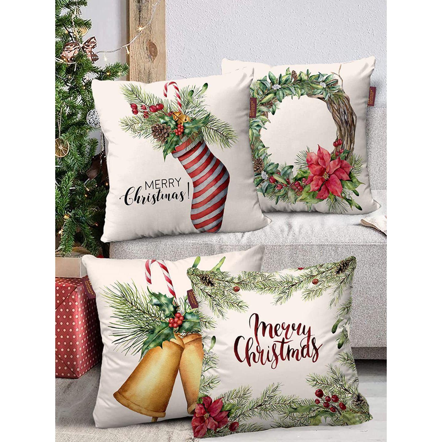 

Set of 4 Merry Christmas Decorative Throw Pillow/Cushion Covers -(18 X 18 INCH, Off-White)