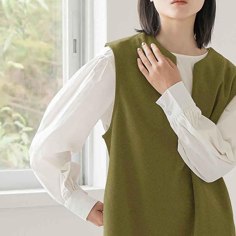 Autumn and Winter Woolen Coat for Women V-neck Solid Color Sleeveless Vest Dress Exterior Style