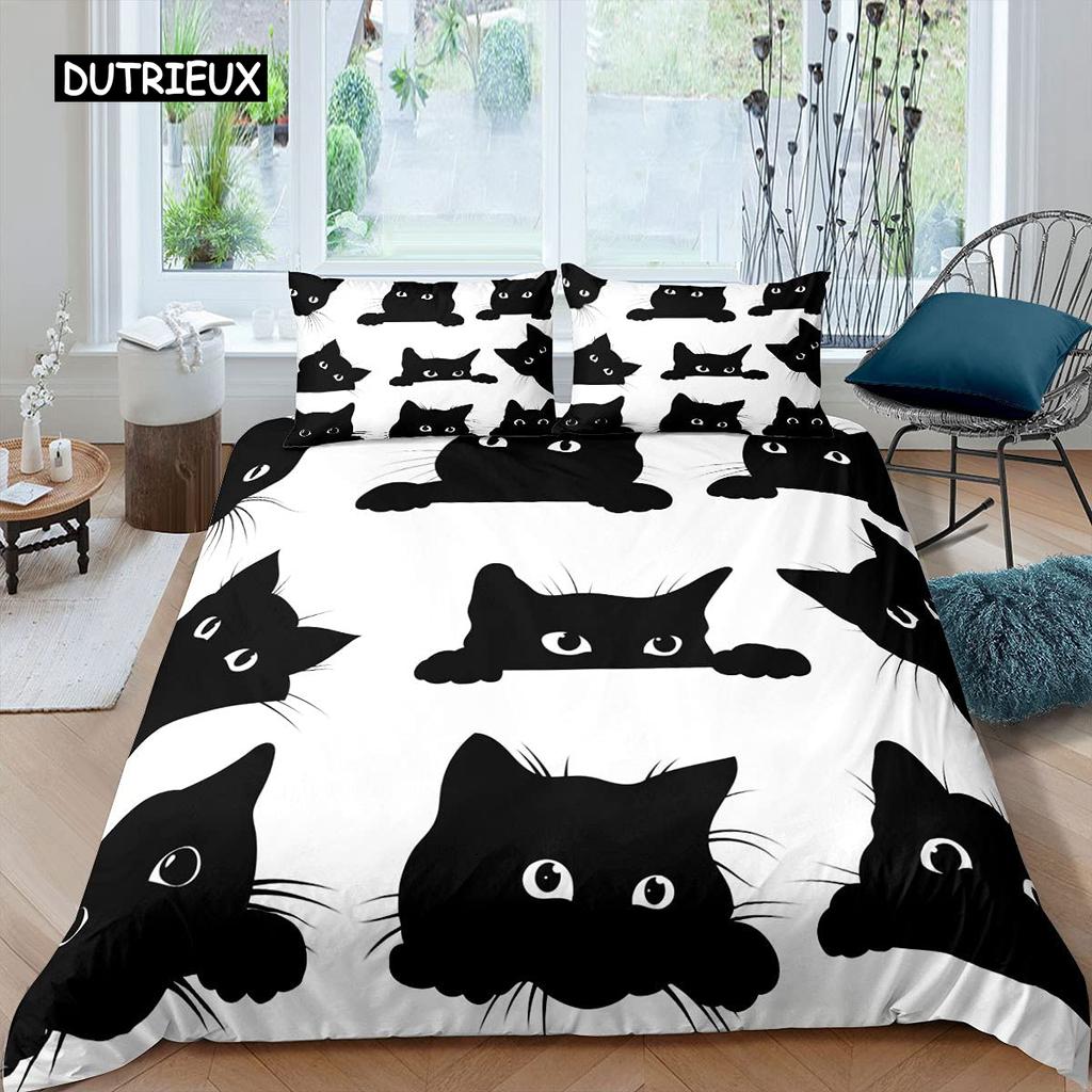 White Cat Flower King Queen Duvet Cover Kitten Bedding Set Pet Animal Polyester Quilt Cover Girls Pink Floral Comforter Cover